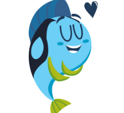 Swimmy, swim with me's mascot smiling with a floating love heart